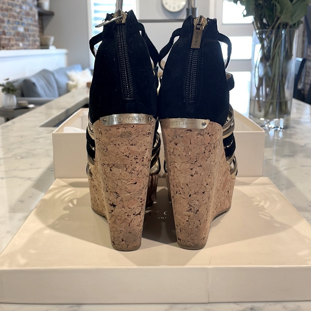 Jimmy Choo SUEDE/NAPPA/MIRROR BLACK Wedge - STYLE 121PEKABO Cork Wedges - Picture 4 of 9